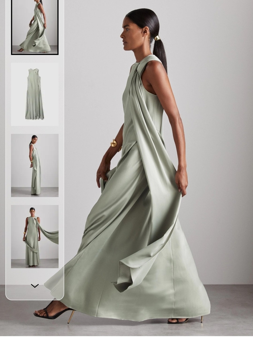 Reiss Atelier Quincy Draped Satin Occasion Maxi Dress in Sage Green Size 10 NWT